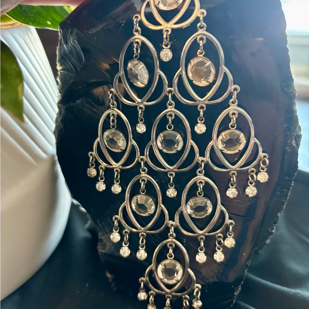 Vintage Celebrity Rhinestone Chandelier Necklace & Earring Set | Silver Tone |